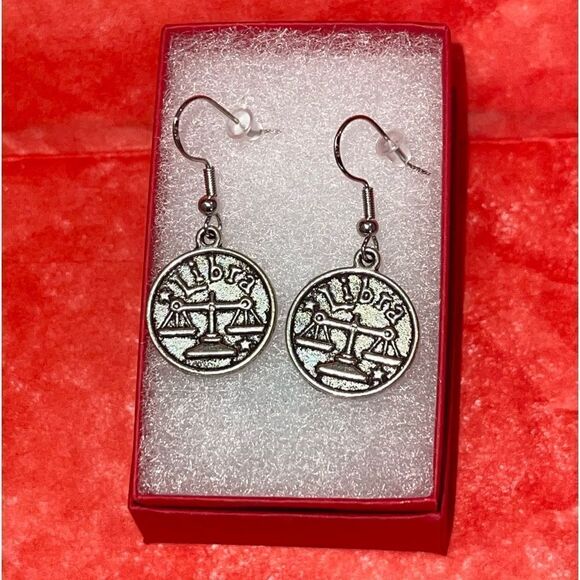 LIBRA IRON & SILVER DOUBLE SIDED ZODIAC DROP EARRINGS - Picture 2 of 5
